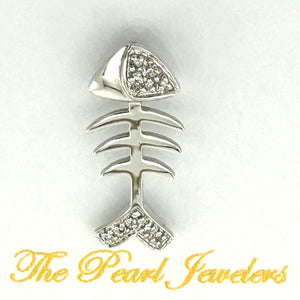 14k Solid White Gold Fish Skeleton Diamond Pendant Necklace