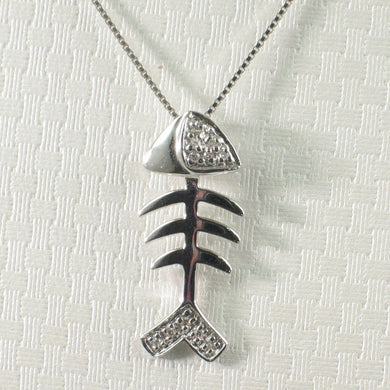14k Solid White Gold Fish Skeleton Diamond Pendant Necklace