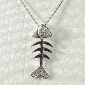 14k Solid White Gold Fish Skeleton Diamond Pendant Necklace