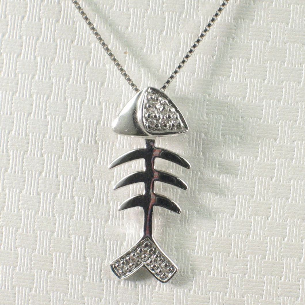 14k Solid White Gold Fish Skeleton Diamond Pendant Necklace