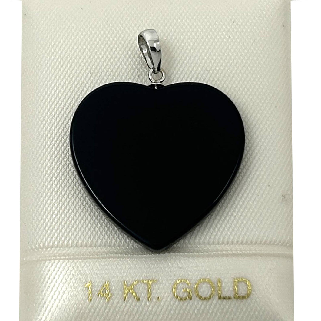 14k Solid White Gold Flat Plane Love Heart Black Onyx Pendant