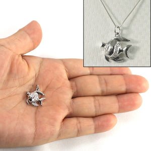 14k Solid White Gold Marine Fish Diamond Pendant Necklace