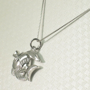 14k Solid White Gold Marine Fish Diamond Pendant Necklace