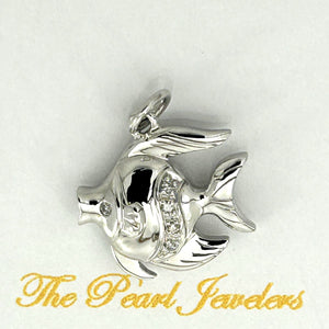 14k Solid White Gold Marine Fish Diamond Pendant Necklace