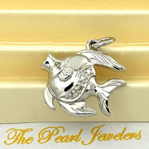 14k Solid White Gold Marine Fish Diamond Pendant Necklace