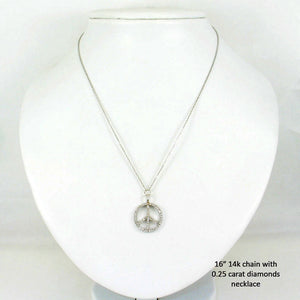 14K Solid White Gold Peace Sign Diamond Necklace