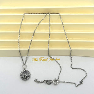 14K Solid White Gold Peace Sign Mini Diamond Necklace