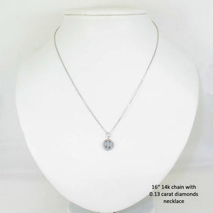 14K Solid White Gold Peace Sign Mini Diamond Necklace