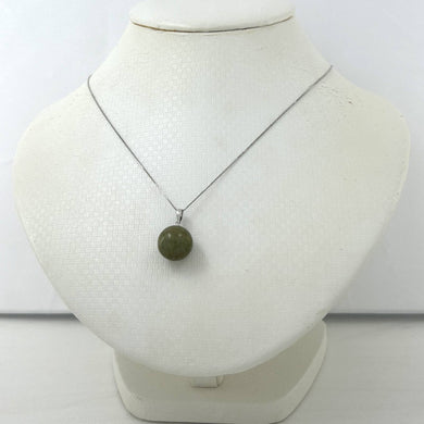14k Solid White Gold Dark Khaki Round Bead Jade Pendant Necklace
