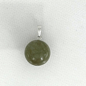 14k Solid White Gold Dark Khaki Round Bead Jade Pendant Necklace