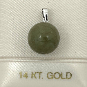 14k Solid White Gold Dark Khaki Round Bead Jade Pendant Necklace