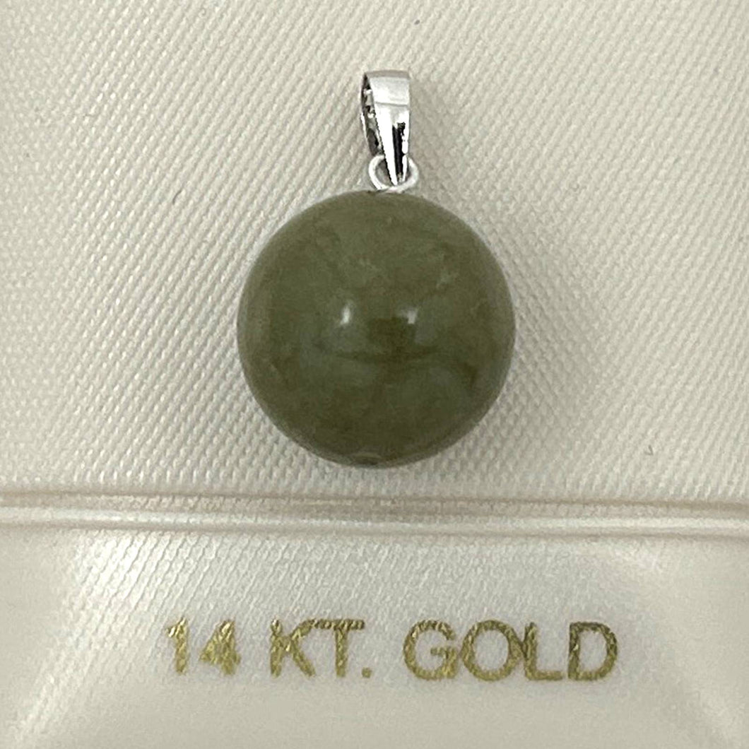 14k Solid White Gold Dark Khaki Round Bead Jade Pendant Necklace