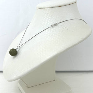 14k Solid White Gold Dark Khaki Round Bead Jade Pendant Necklace