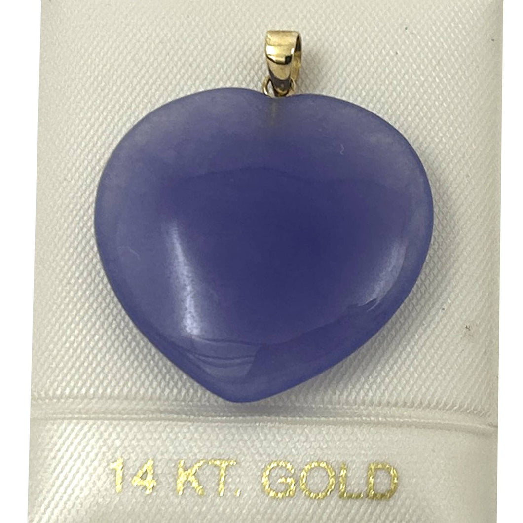 14k Solid Yellow Gold Cabochon Heart Shaped Lavender Jade Pendant