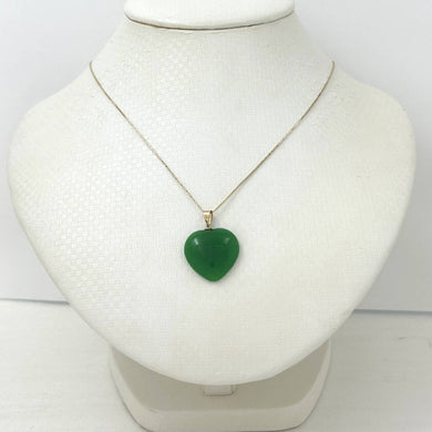 14k Solid Yellow Gold Cabochon Love Heart Green Jade Pendant