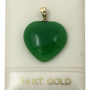 14k Solid Yellow Gold Cabochon Love Heart Green Jade Pendant