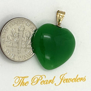 14k Solid Yellow Gold Cabochon Love Heart Green Jade Pendant