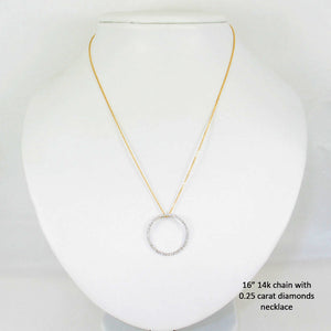 14K Solid Yellow Gold Circle Diamond Pendant Necklace
