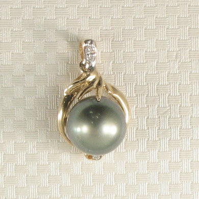 14k Yellow Gold Diamond Silver-Green Tahitian Pearl Pendant