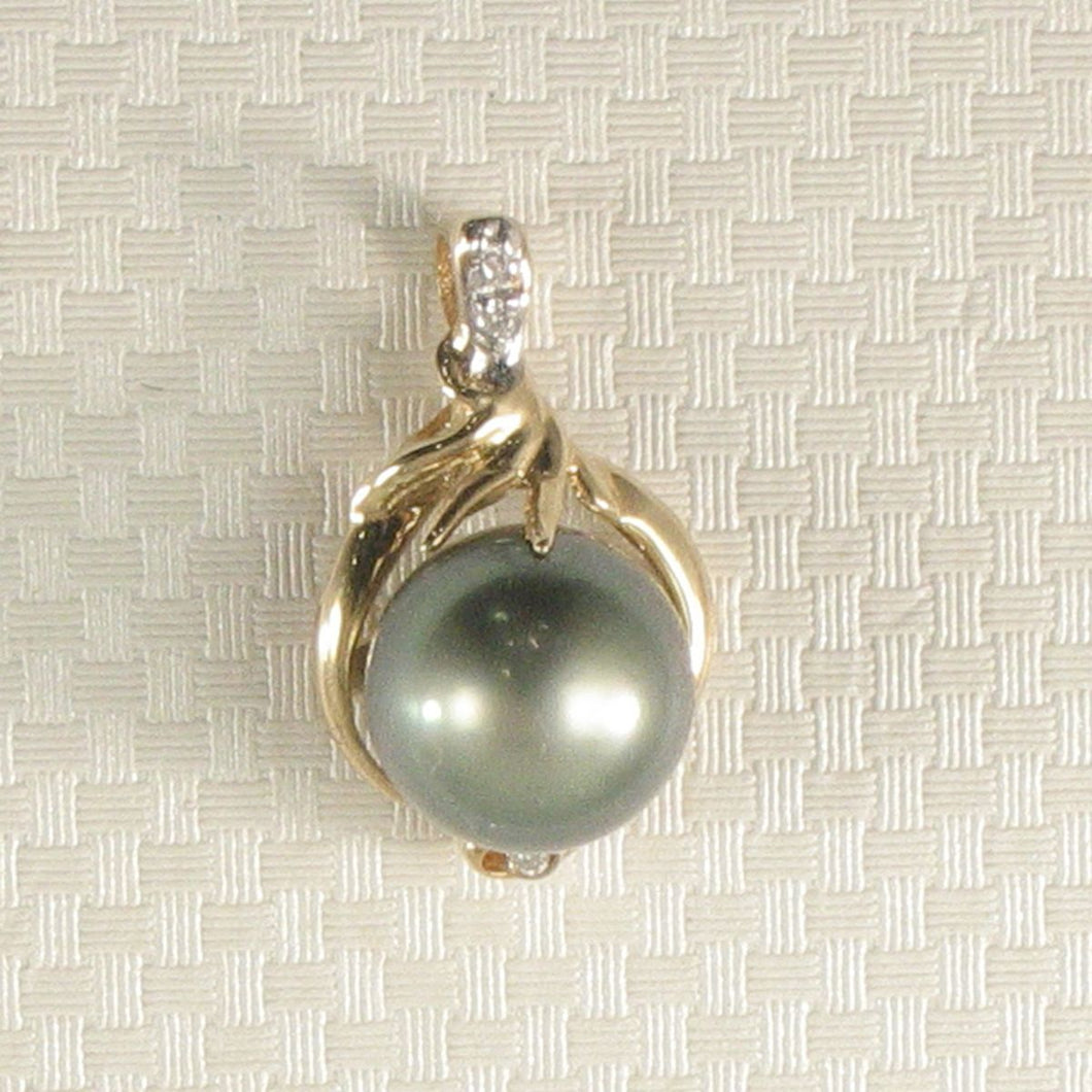 14k Yellow Gold Diamond Silver-Green Tahitian Pearl Pendant