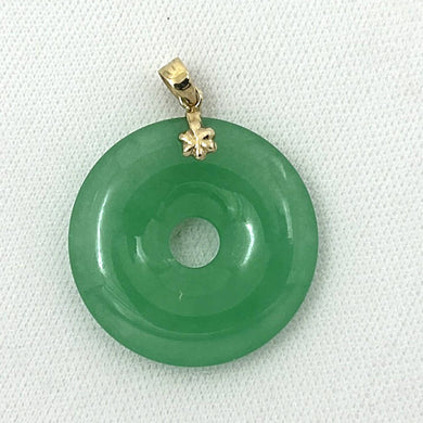 14k Solid Yellow Gold Disc Donut Shaped Green Jade Pendant