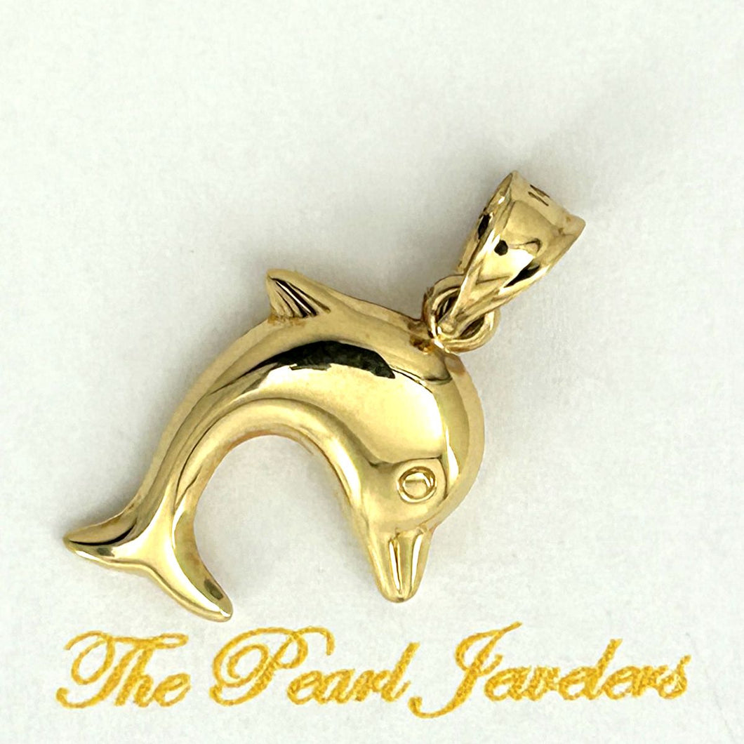 14K Solid Yellow Gold Dolphin Pendant Necklace