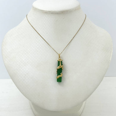 14k Solid Yellow Gold Dragon Totem Column Green Jade Pendant Necklace