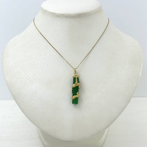 14k Solid Yellow Gold Dragon Totem Column Green Jade Pendant Necklace