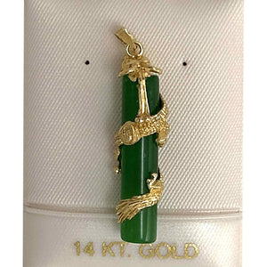 14k Solid Yellow Gold Dragon Totem Column Green Jade Pendant Necklace