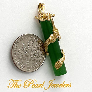 14k Solid Yellow Gold Dragon Totem Column Green Jade Pendant Necklace