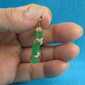 14k Solid Yellow Gold Dragon Totem Column Green Jade Pendant Necklace