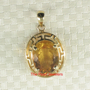 14K Solid Yellow Gold Greek Key Oval Citrine Pendant