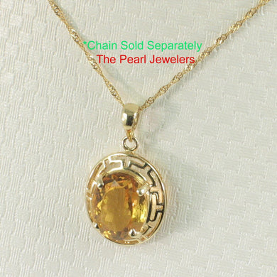 14K Solid Yellow Gold Greek Key Oval Citrine Pendant