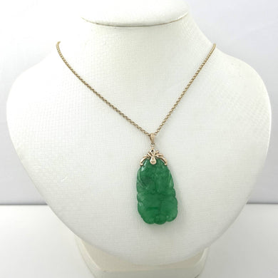 14k Solid Yellow Gold Green Jade Double-Sided Carving Pendant Necklace