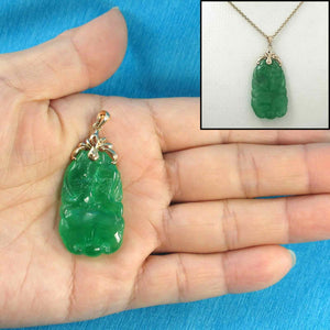 14k Solid Yellow Gold Green Jade Double-Sided Carving Pendant Necklace