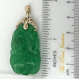14k Solid Yellow Gold Green Jade Double-Sided Carving Pendant Necklace