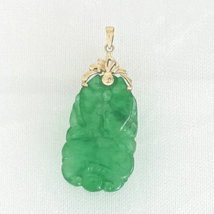 14k Solid Yellow Gold Green Jade Double-Sided Carving Pendant Necklace