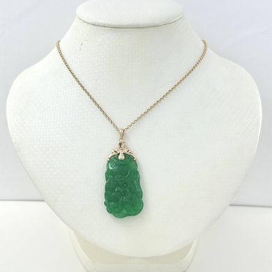 14k Solid Yellow Gold Hand-Carved Double-Sided Green Jade Pendant Necklace