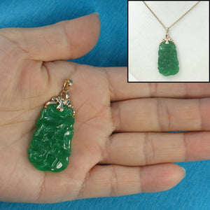 14k Solid Yellow Gold Hand-Carved Double-Sided Green Jade Pendant Necklace