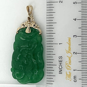 14k Solid Yellow Gold Hand-Carved Double-Sided Green Jade Pendant Necklace