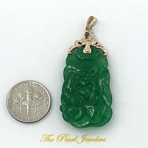 14k Solid Yellow Gold Hand-Carved Double-Sided Green Jade Pendant Necklace