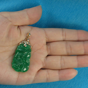 14k Solid Yellow Gold Hand-Carved Double-Sided Green Jade Pendant Necklace