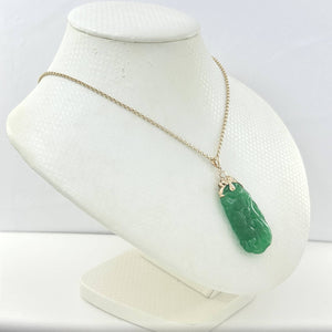 14k Solid Yellow Gold Hand-Carved Double-Sided Green Jade Pendant Necklace