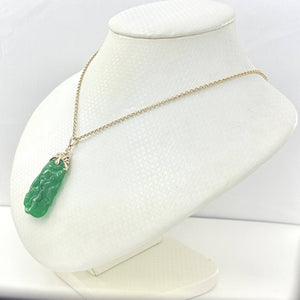 14k Solid Yellow Gold Hand-Carved Double-Sided Green Jade Pendant Necklace