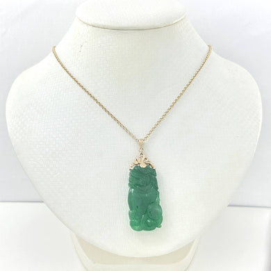 14k Solid Yellow Gold Hand-Carved Green Jade Pendant Necklace