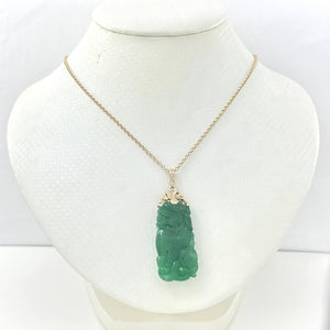 14k Solid Yellow Gold Hand-Carved Green Jade Pendant Necklace