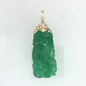 14k Solid Yellow Gold Hand-Carved Green Jade Pendant Necklace