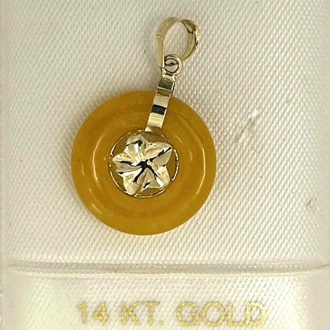 14k Solid Yellow Gold Hawaiian Plumeria Honey Jade Pendant Necklace