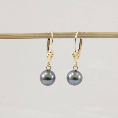 14K Yellow Gold Black Round Pearl Leverback Earrings