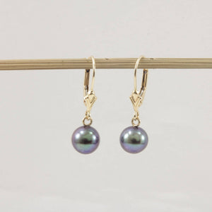 14K Yellow Gold Black Round Pearl Leverback Earrings